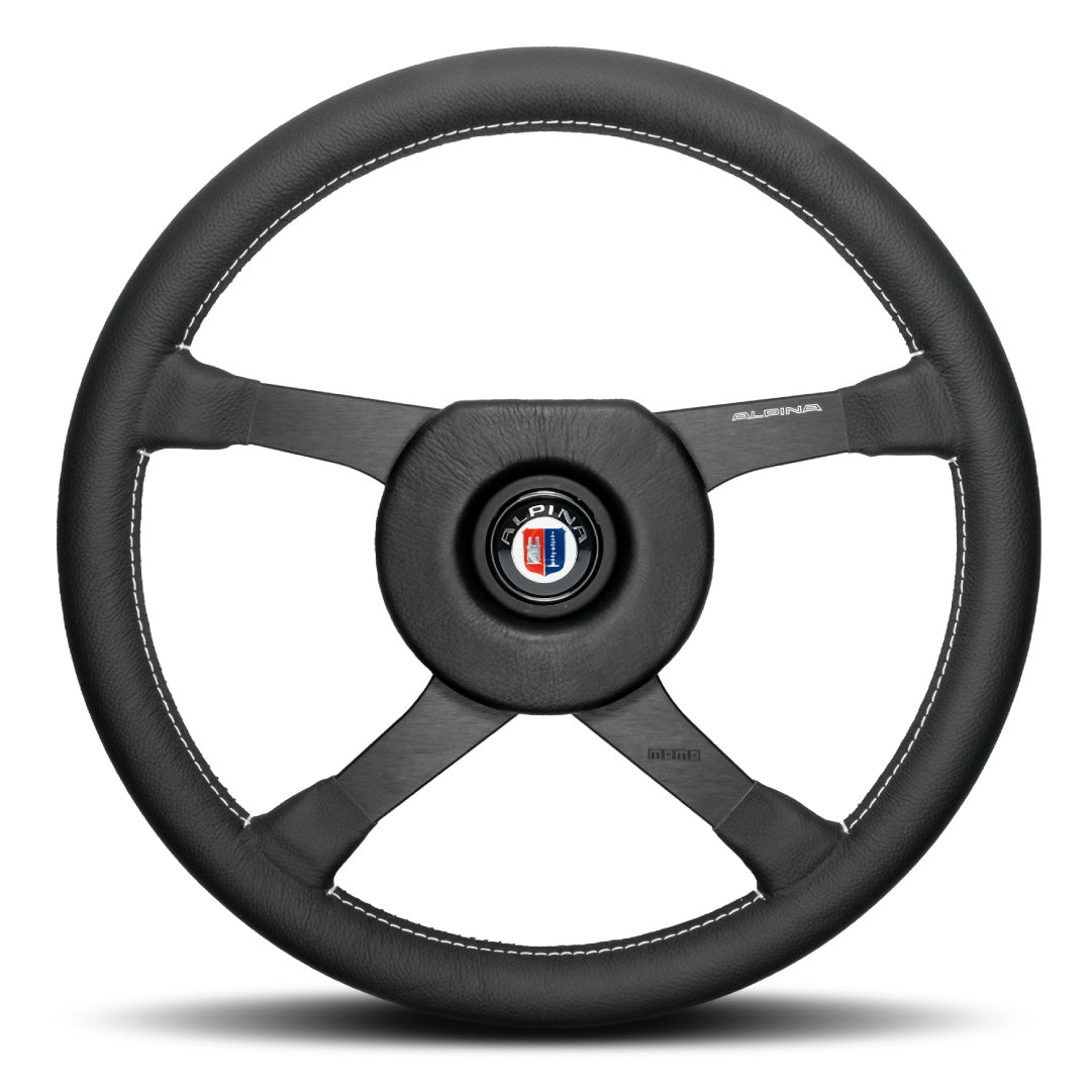 MOMO ALPINA 4 Four Spoke Steering Wheel - Black Leather Black Spokes 380mm