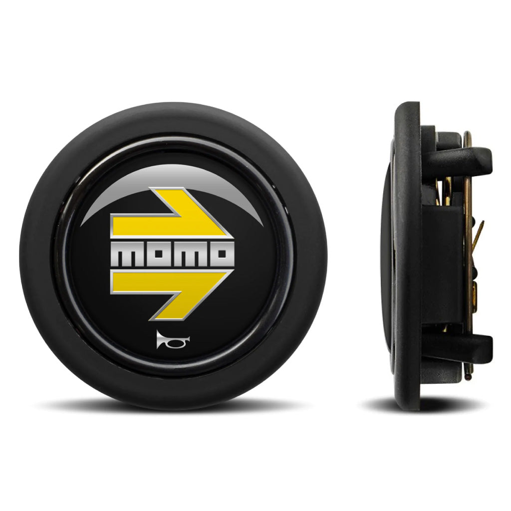 MOMO Horn Button - Glossy Black Yellow and Chromed Logo - Round Lip