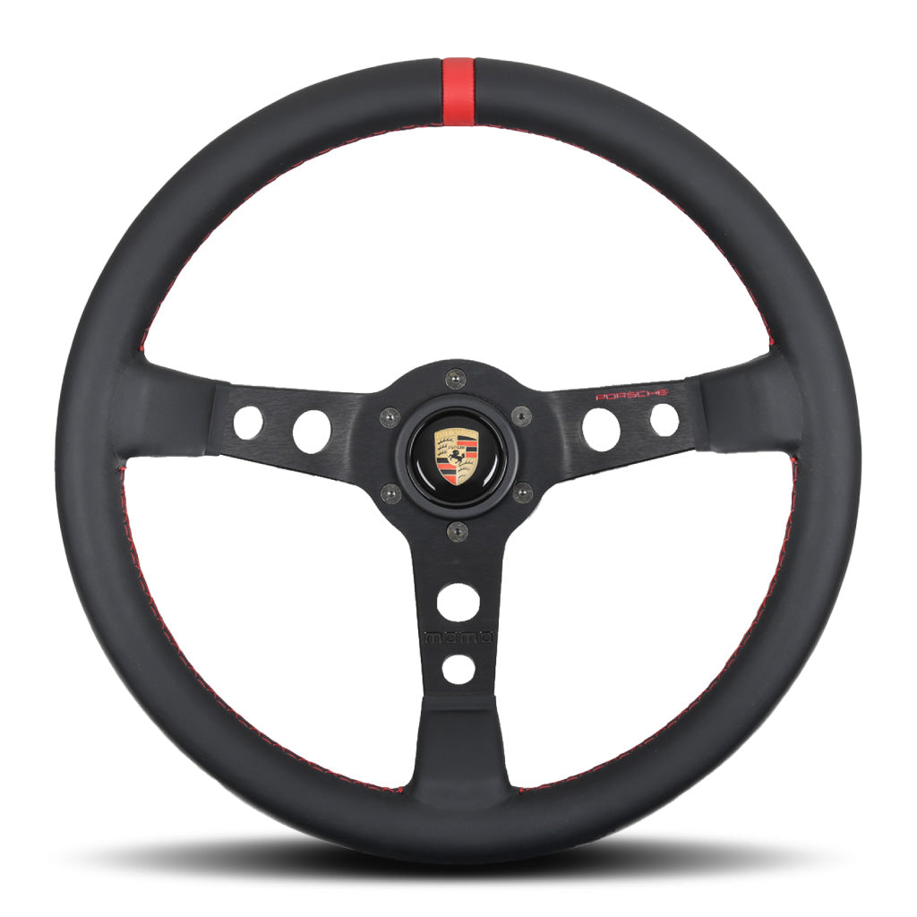 MOMO Porsche Steering Wheel - Black Leather Red Stitching Black Spokes 350mm