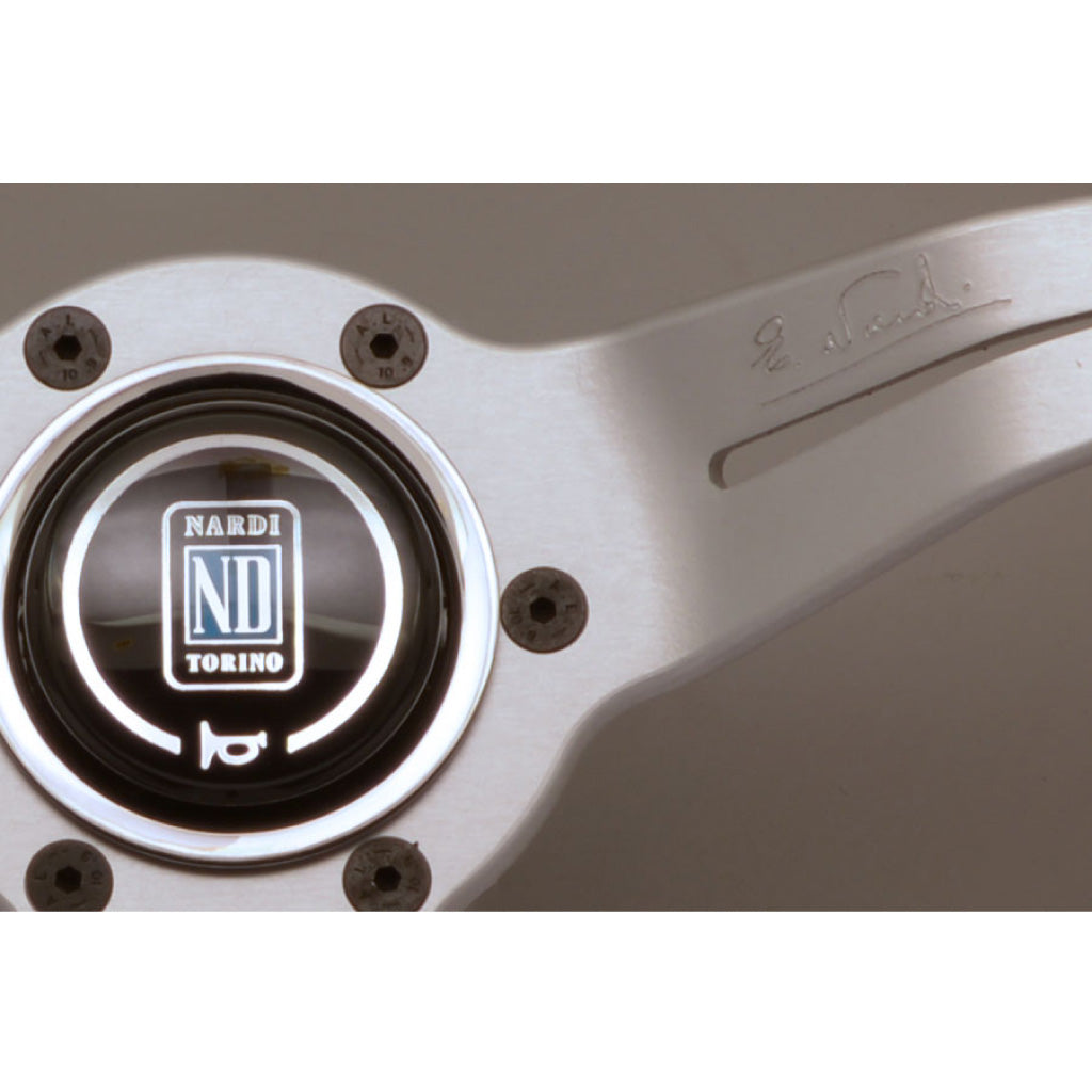 Nardi Deep Corn Steering Wheel - Black Suede Red Stitching Silver Spokes 330mm