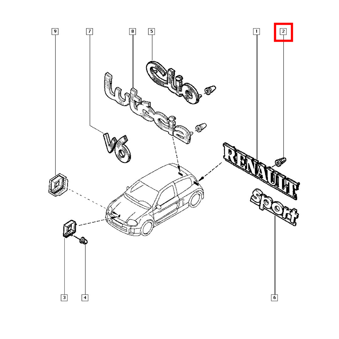 Renault Genuine OEM Tailgate Trunk Boot Lid Badge Emblem Lettering Logo Monogram Clips Fasteners Groomets - Fits Clio II Sport 2001 172 182 - 7703081151