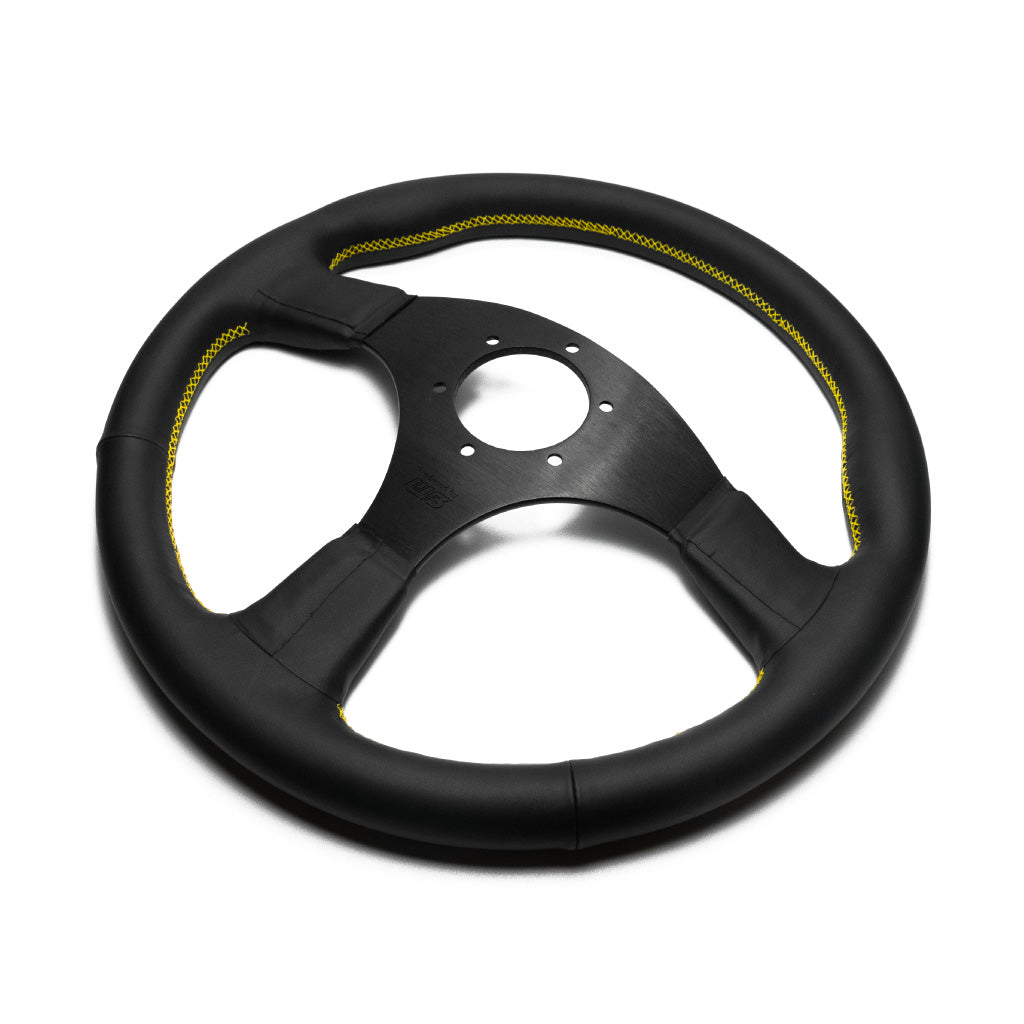 Works Bell Type III Steering Wheel - Black Leather Yellow Stitching Black Spokes 350mm