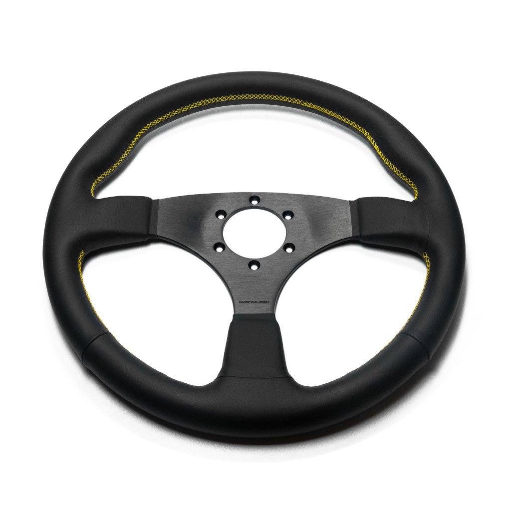 Works Bell Type III Steering Wheel - Black Leather Yellow Stitching Black Spokes 350mm