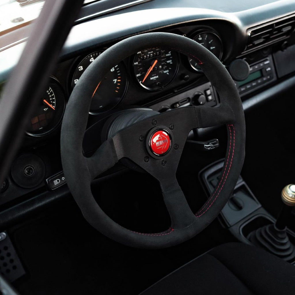 MOMO Montecarlo Steering Wheel - Black Alcantara Red Stitching Black Spokes 350mm