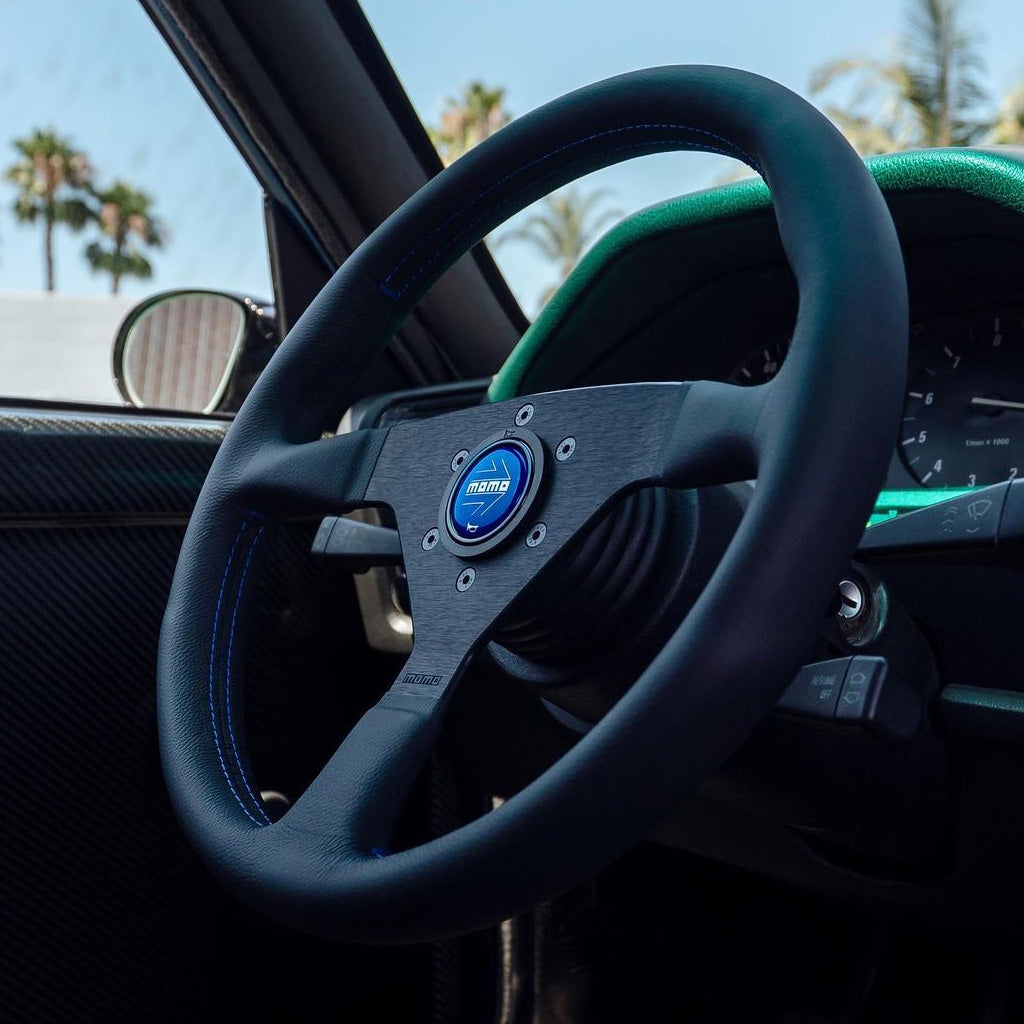 MOMO Montecarlo Steering Wheel - Black Leather Blue Stitching Black Spokes 350mm