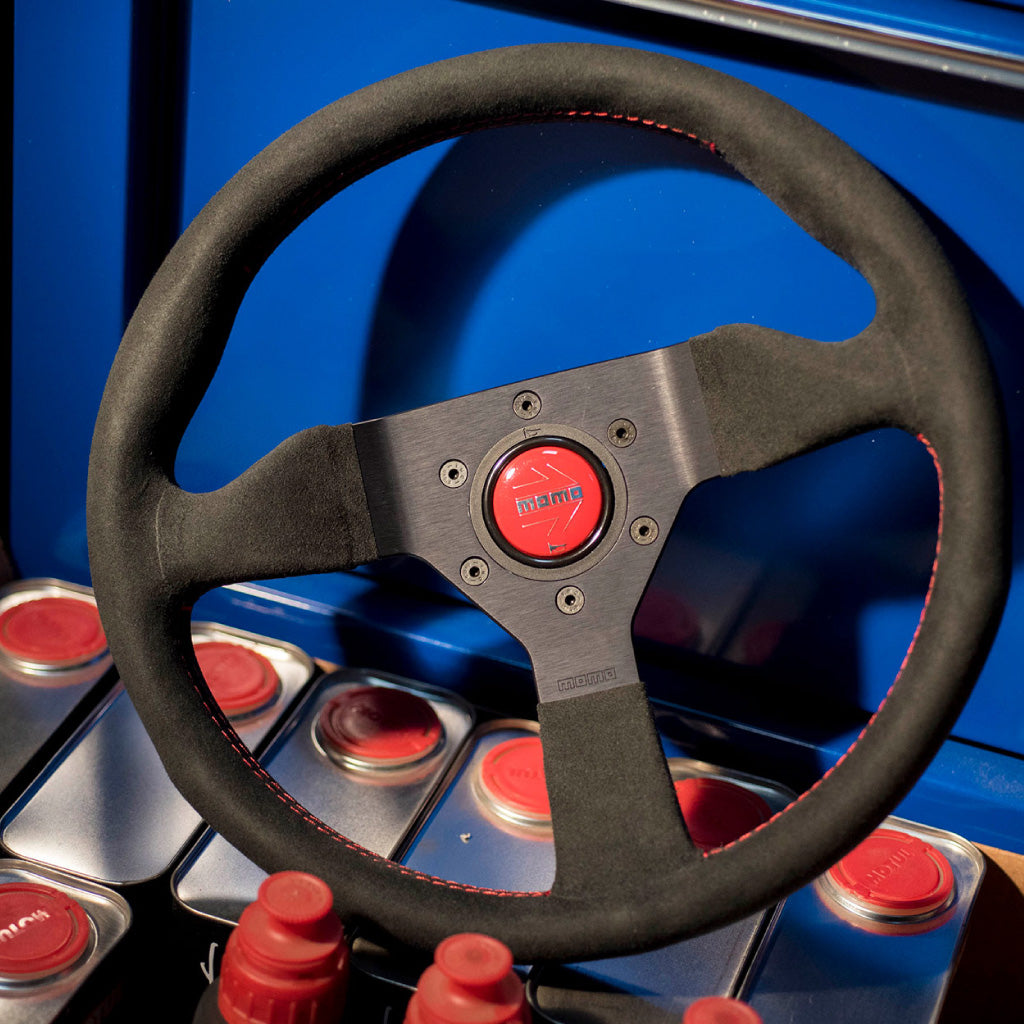 MOMO Montecarlo Steering Wheel - Black Alcantara Red Stitching Black Spokes 320mm