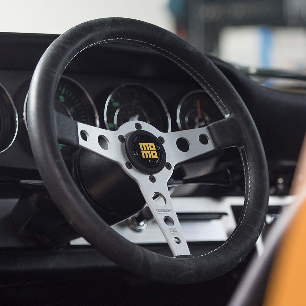 MOMO Prototipo Heritage Steering Wheel - Black Leather Silver Spokes 350mm