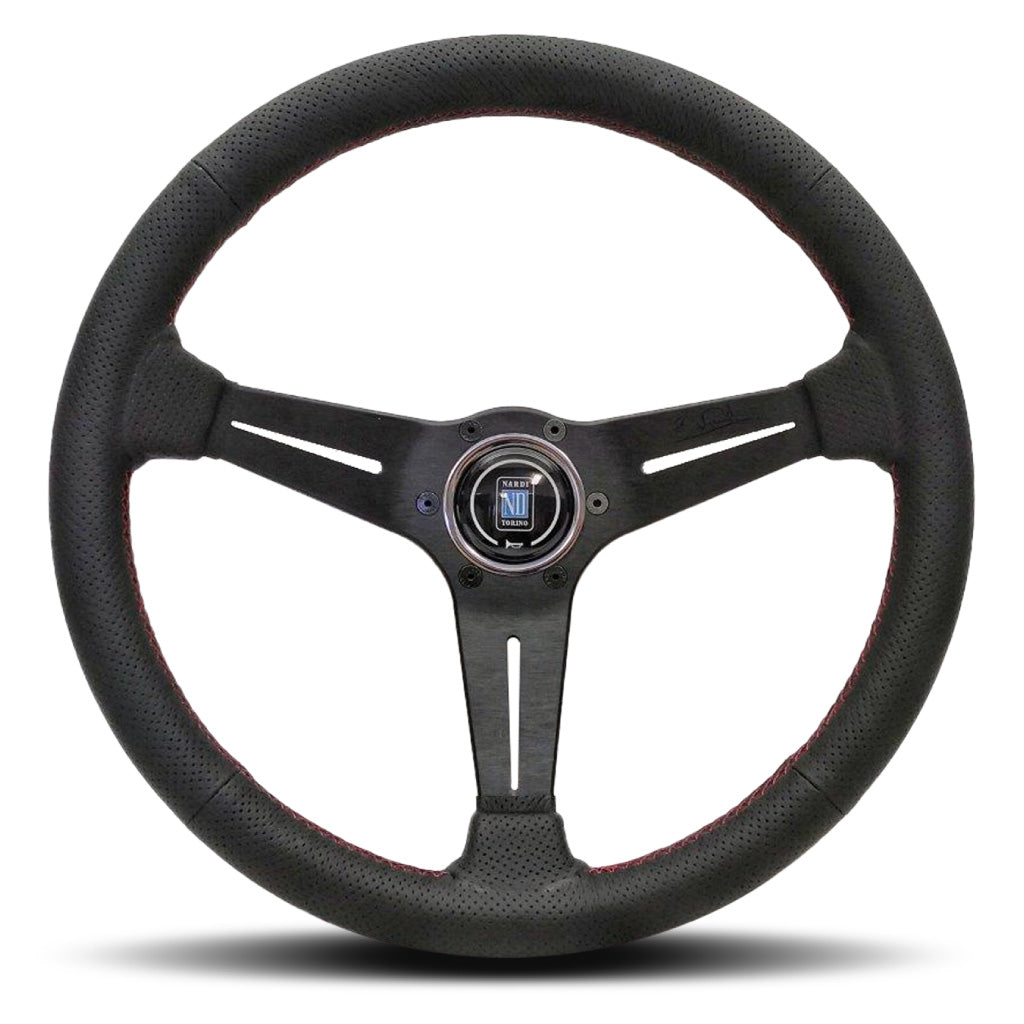 Nardi Deep Corn Steering Wheel - Black Leather Red Stitching Black Spo