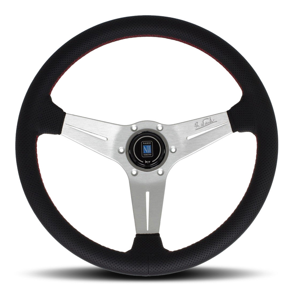 Nardi Deep Corn Steering Wheel - Black Leather Red Stitching Silver Spokes 350mm