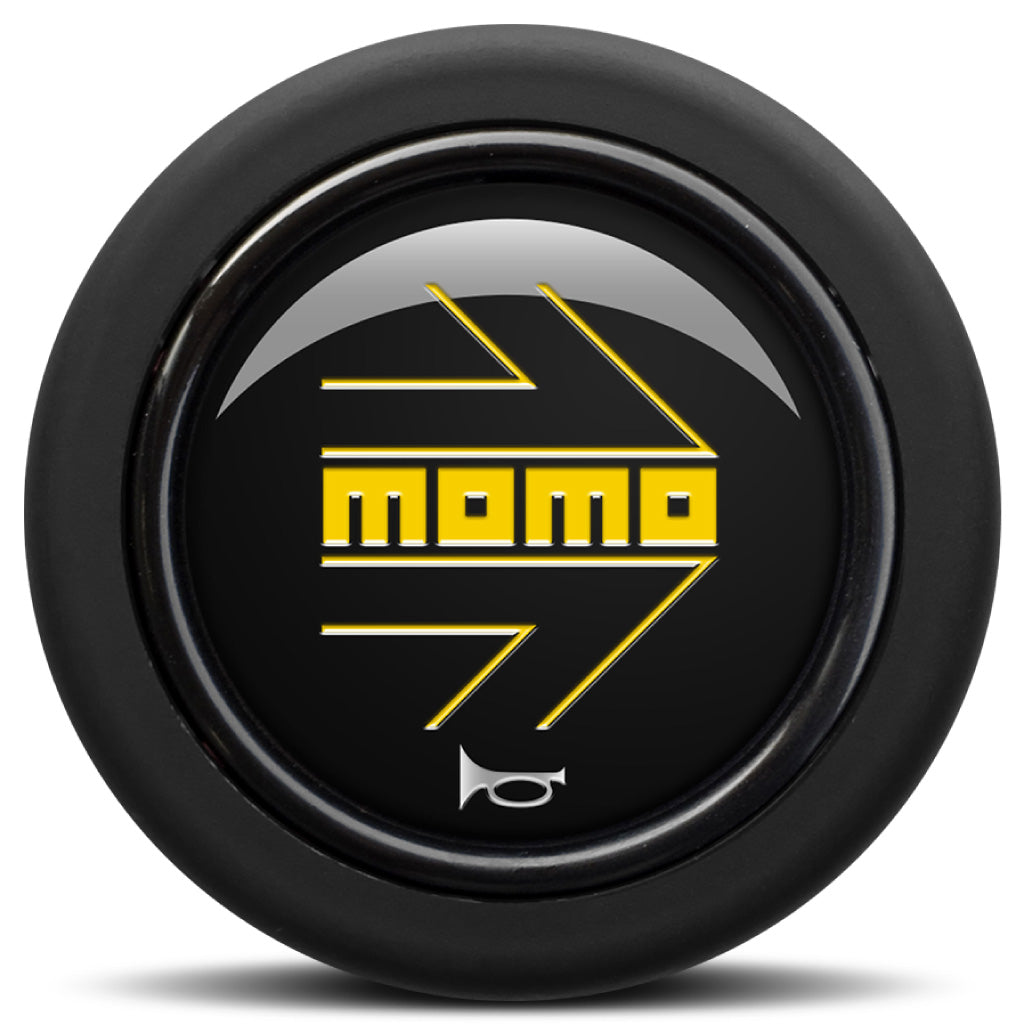 MOMO Horn Button Glossy Black Yellow Logo Round Lip