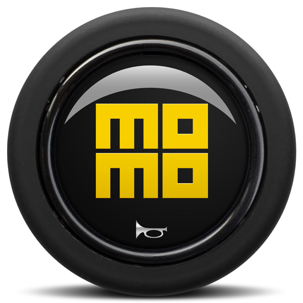 MOMO Horn Button Glossy Black Yellow Heritage Logo