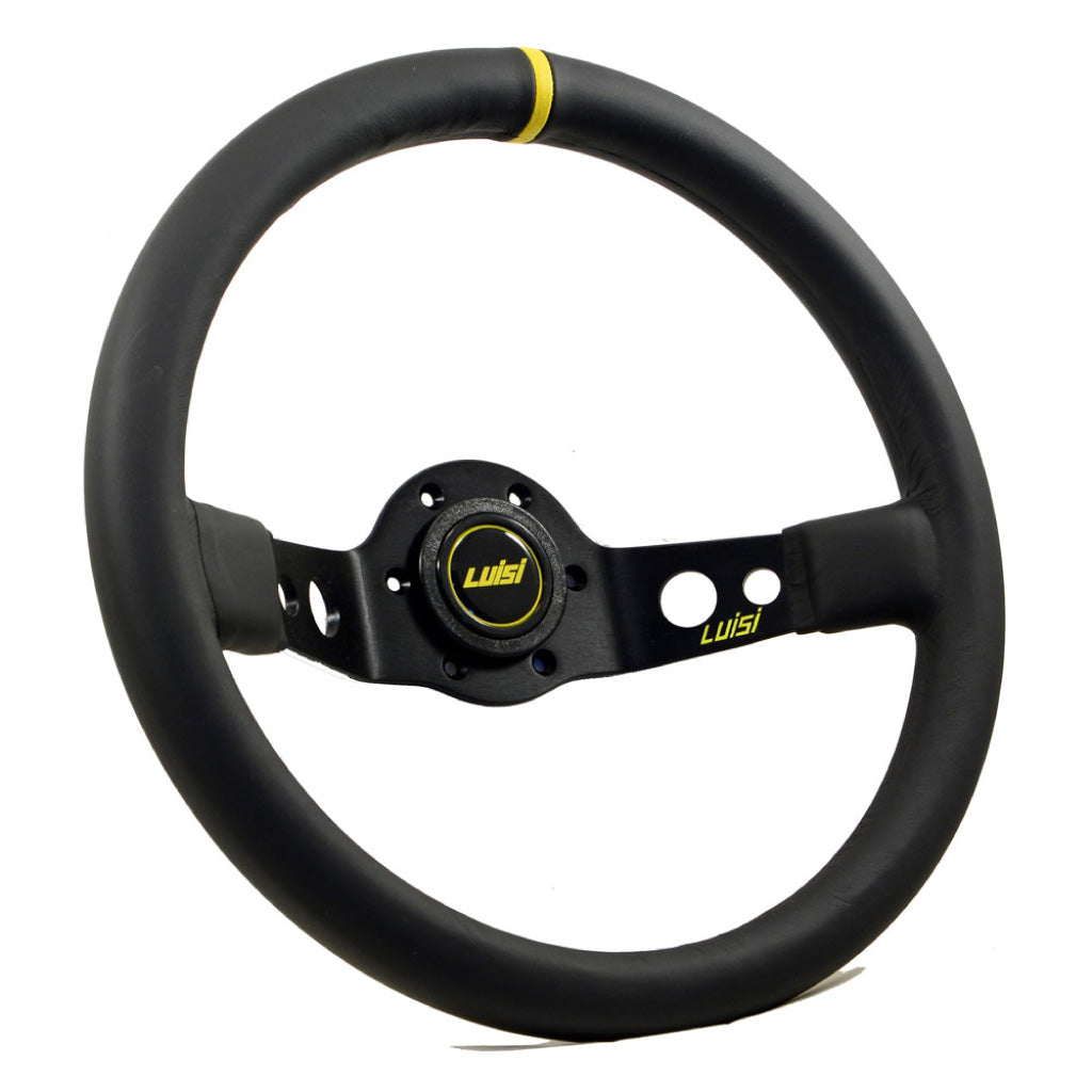 Luisi Jet Sport Two Spoke Steering Wheel Black Leather Yellow Stripe Black Spokes 350mm