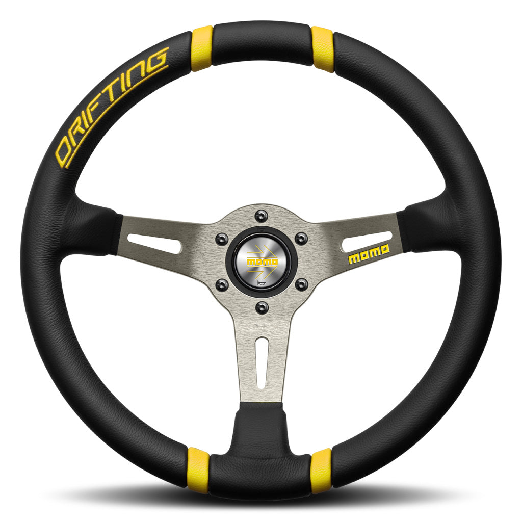MOMO Drifting Steering Wheel Black Leather Silver Spokes 350mm