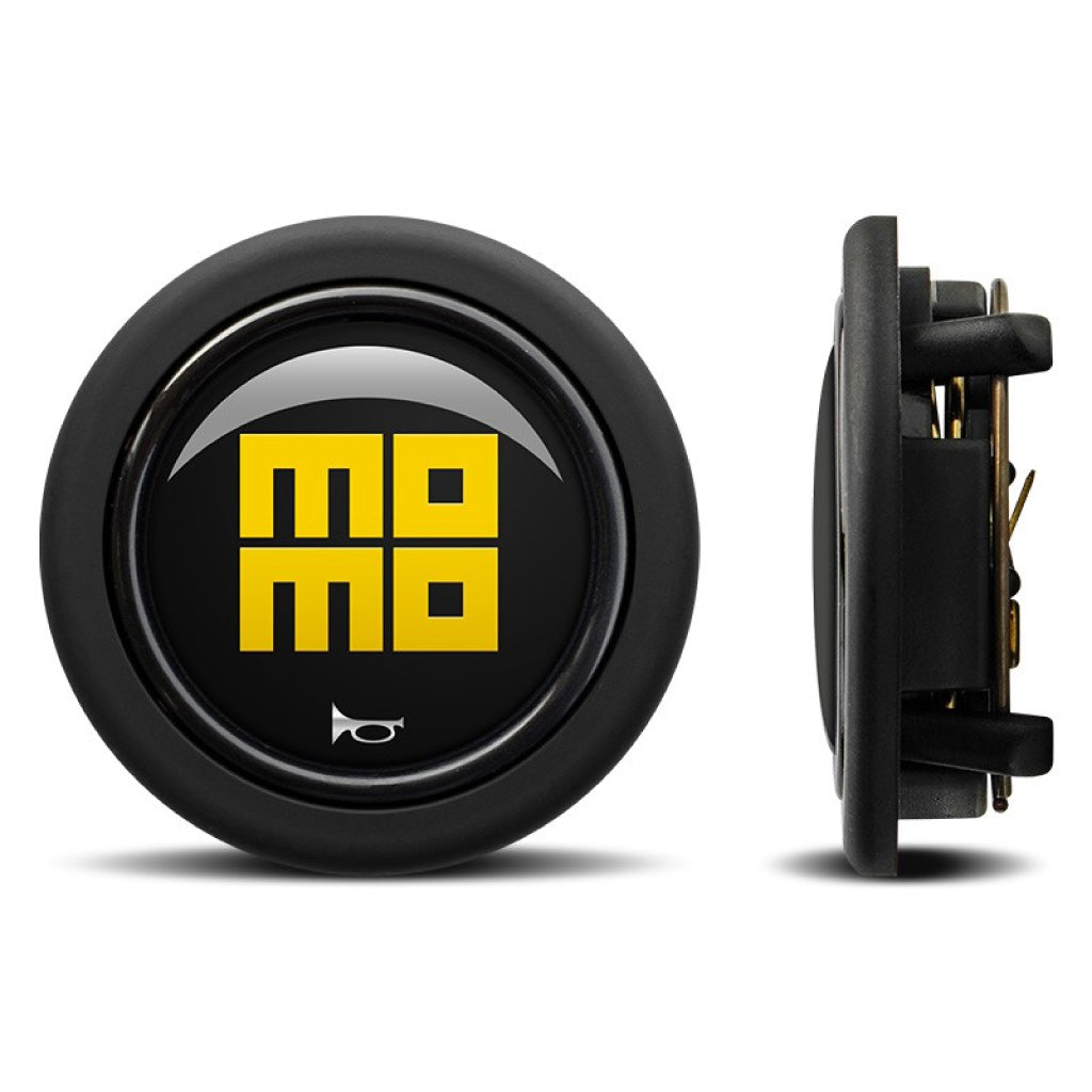 MOMO Horn Button - Glossy Black Yellow Heritage Logo - Round Lip