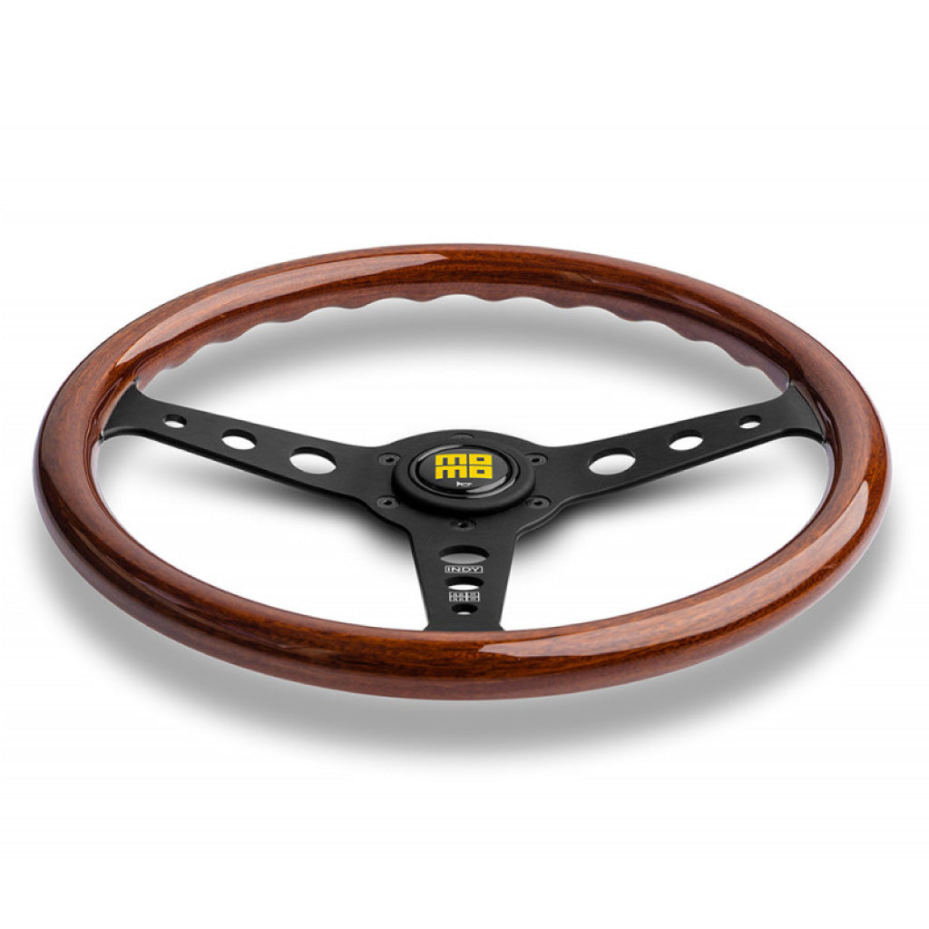 MOMO Indy Heritage Steering Wheel - Mahogany Wood Black Spokes 350mm