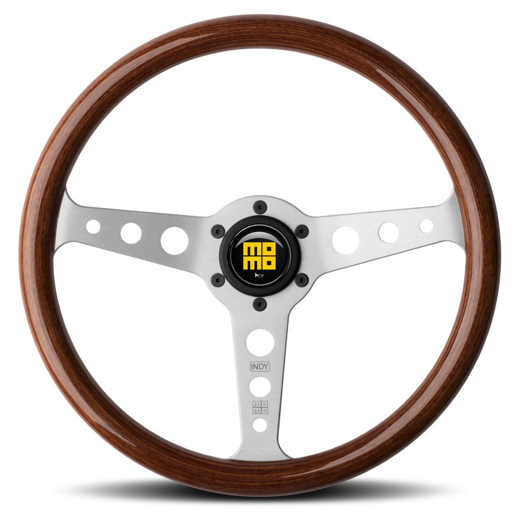 MOMO Indy Heritage Steering Wheel - Mahogany Wood Silver Spokes 350mm