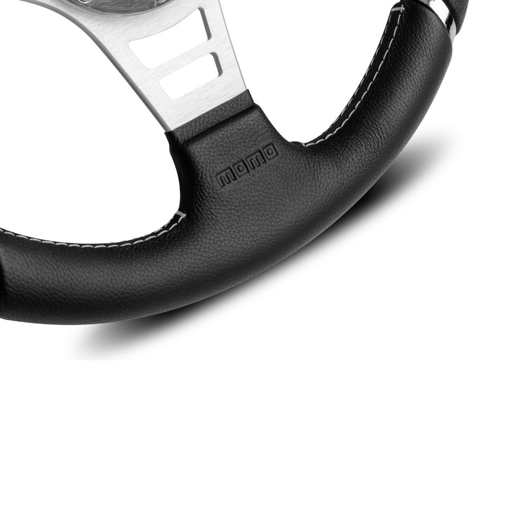MOMO Millenium Sport Steering Wheel Black Leather Silver Spokes 350mm - evilspeed.eu