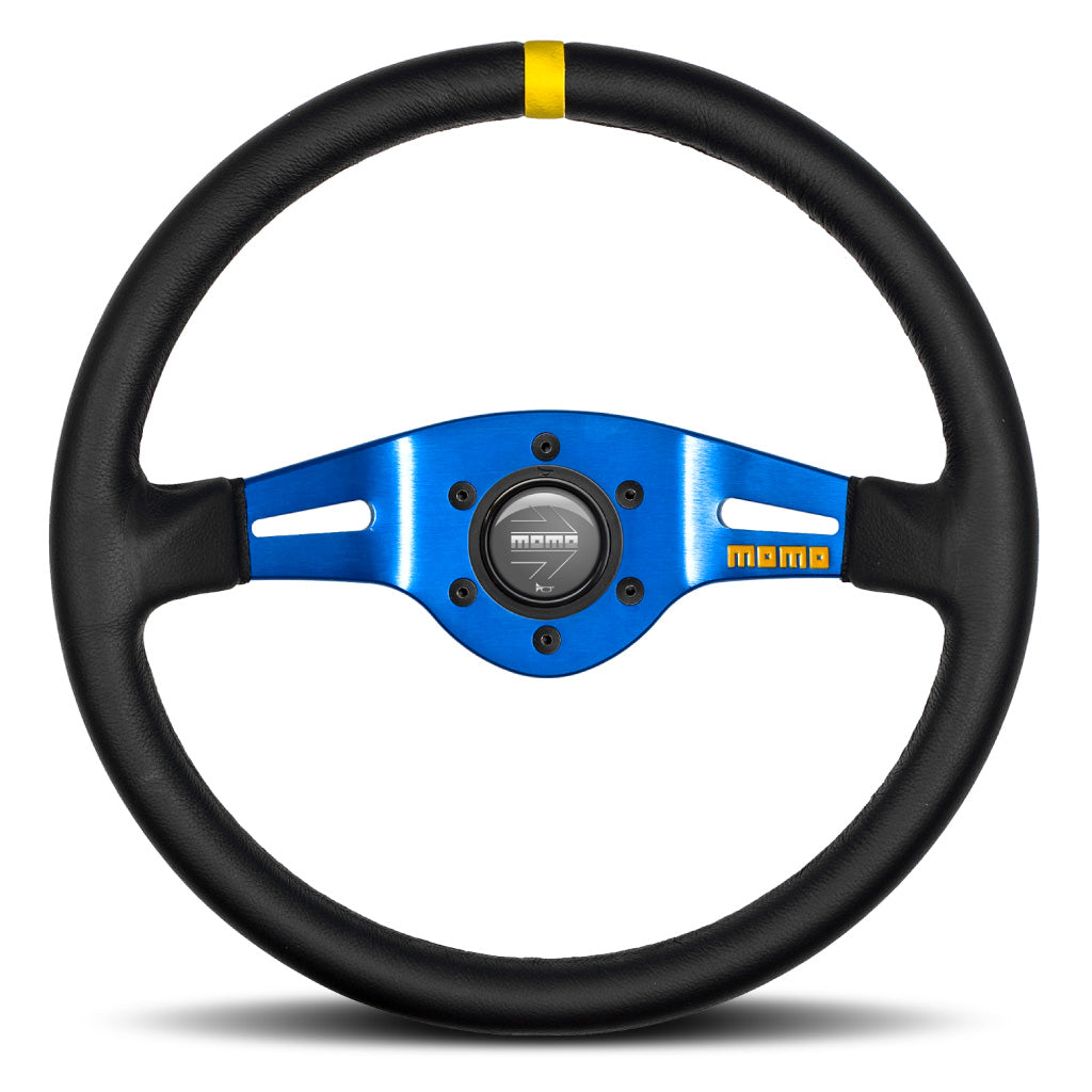 MOMO Mod. 03 Two Spoke Steering Wheel Black Leather Blue Spokes 350mm