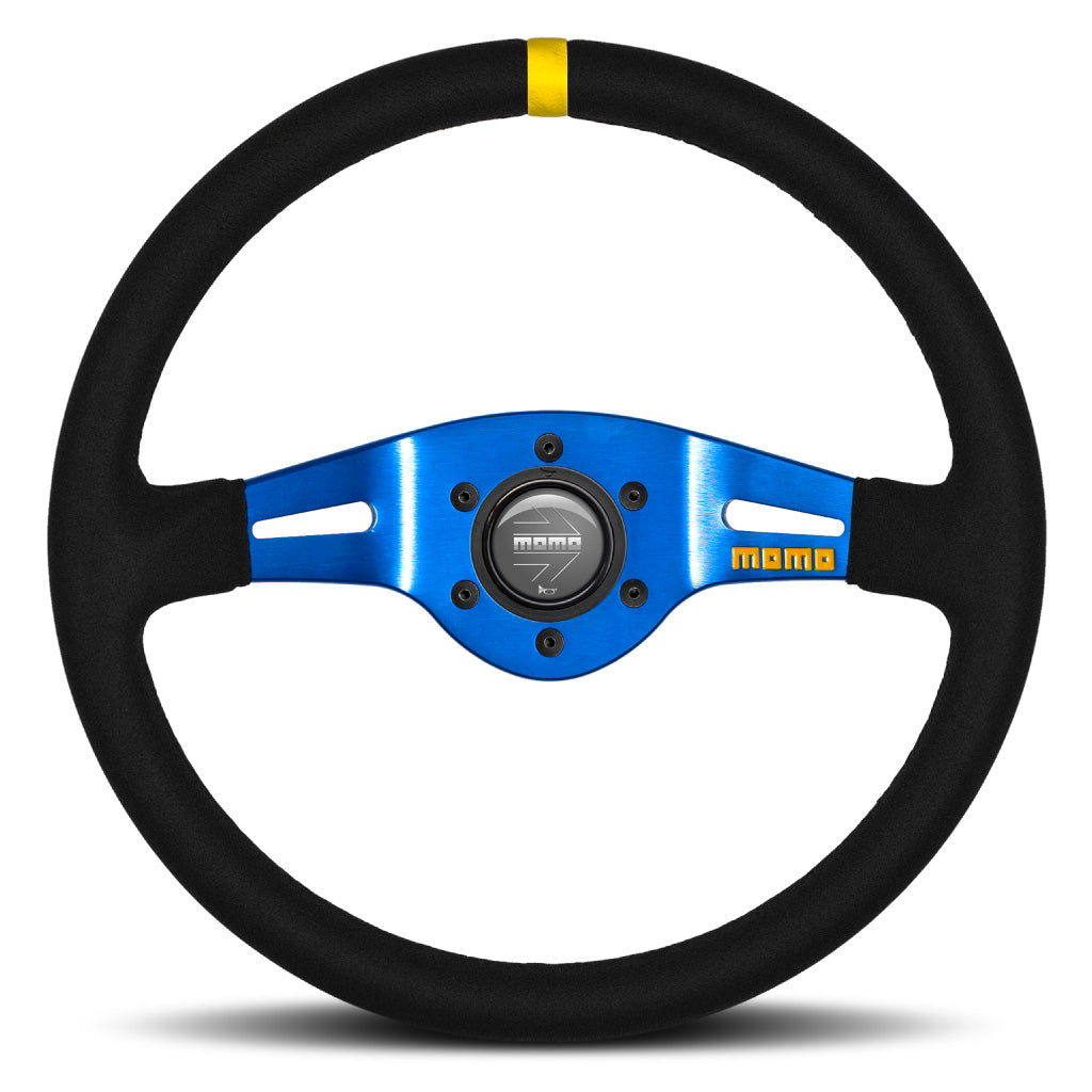 MOMO Mod. 03 Two Spoke Steering Wheel Black Suede Blue Spokes 350mm