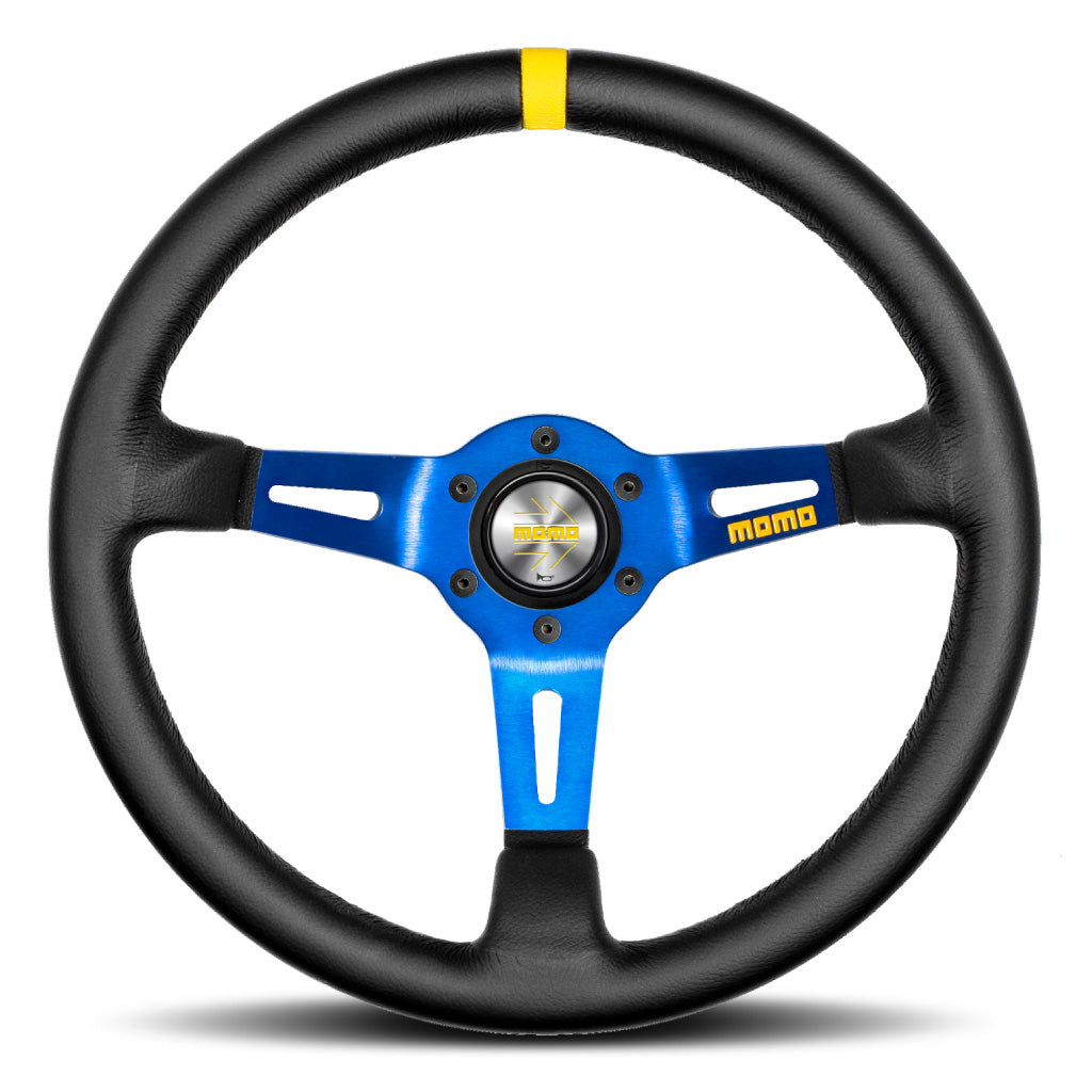 MOMO Mod. 08 Steering Wheel Black Leather Blue Spokes 350mm