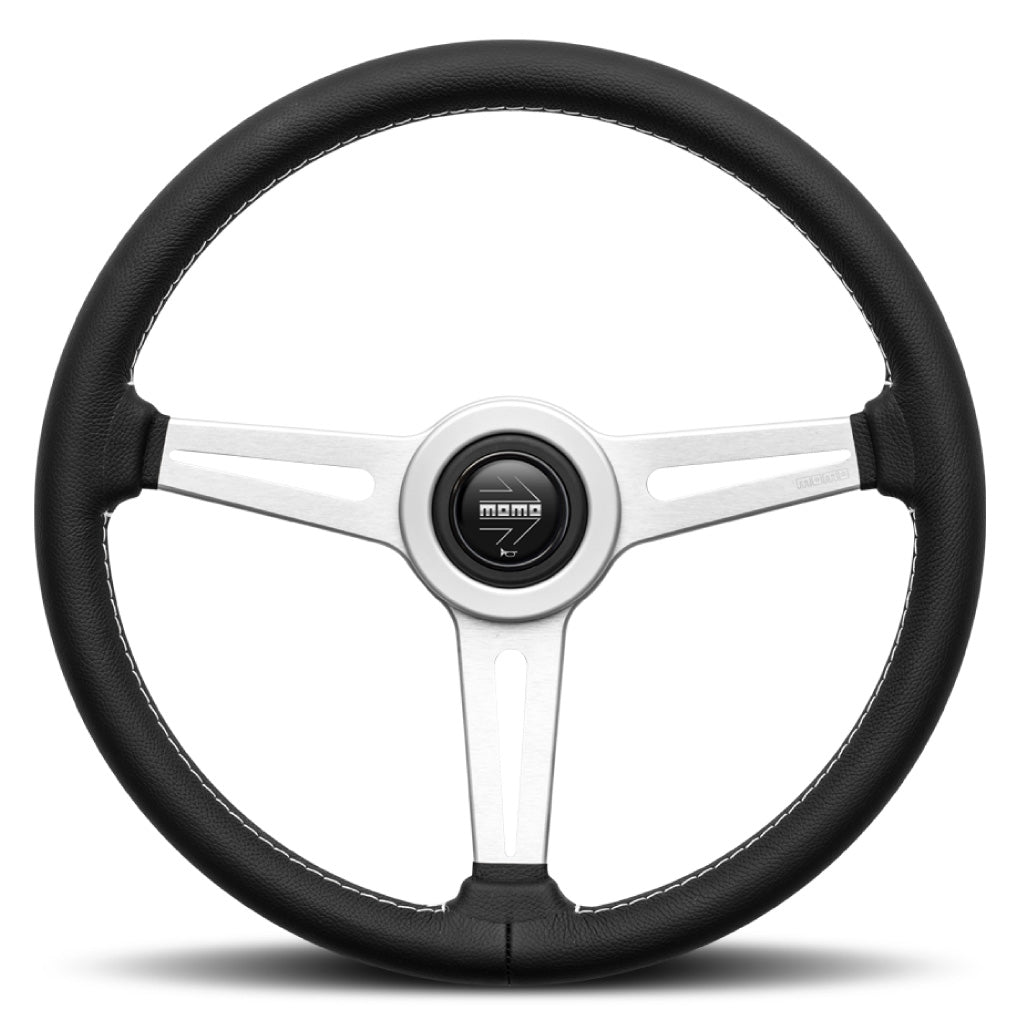MOMO Retro Heritage Steering Wheel - Black Leather Brushed Aluminium Spokes 360mm