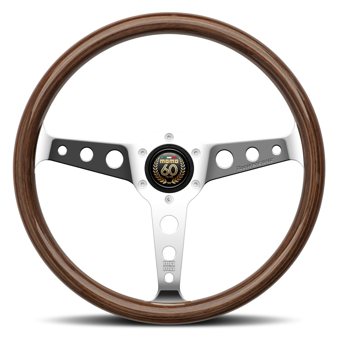 MOMO Indy Anniversario Steering Wheel - Black Leather Silver Spokes 350mm