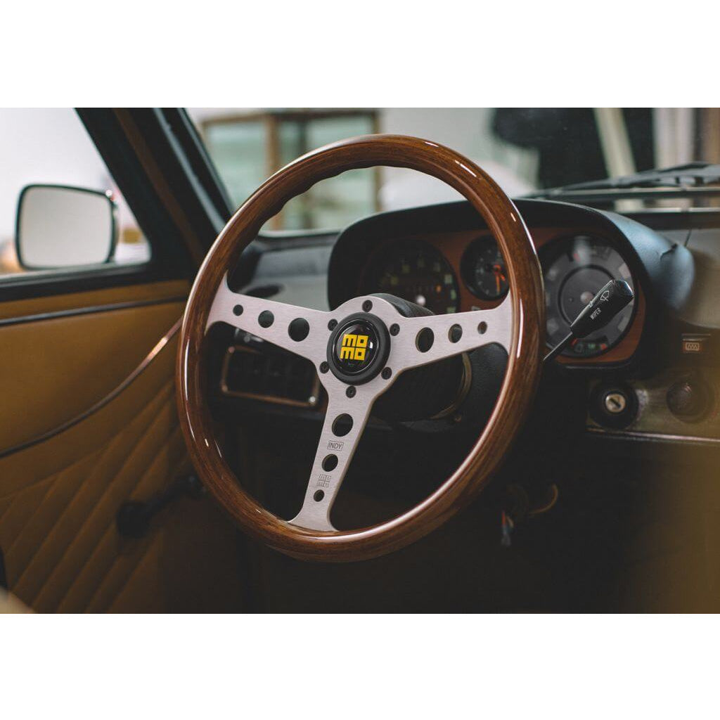 MOMO Indy Heritage Steering Wheel - Mahogany Wood Silver Spokes 350mm