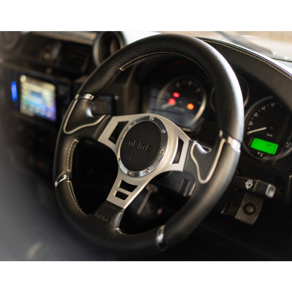 MOMO Millenium Sport Steering Wheel - Black Leather Silver Spokes 350mm