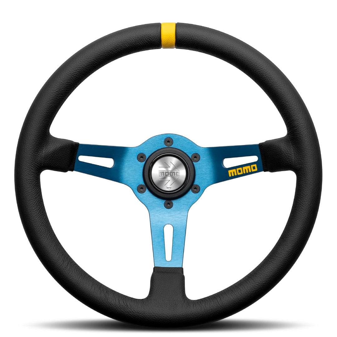 MOMO Mod. 08 Steering Wheel - Black Leather Blue Spokes 330mm