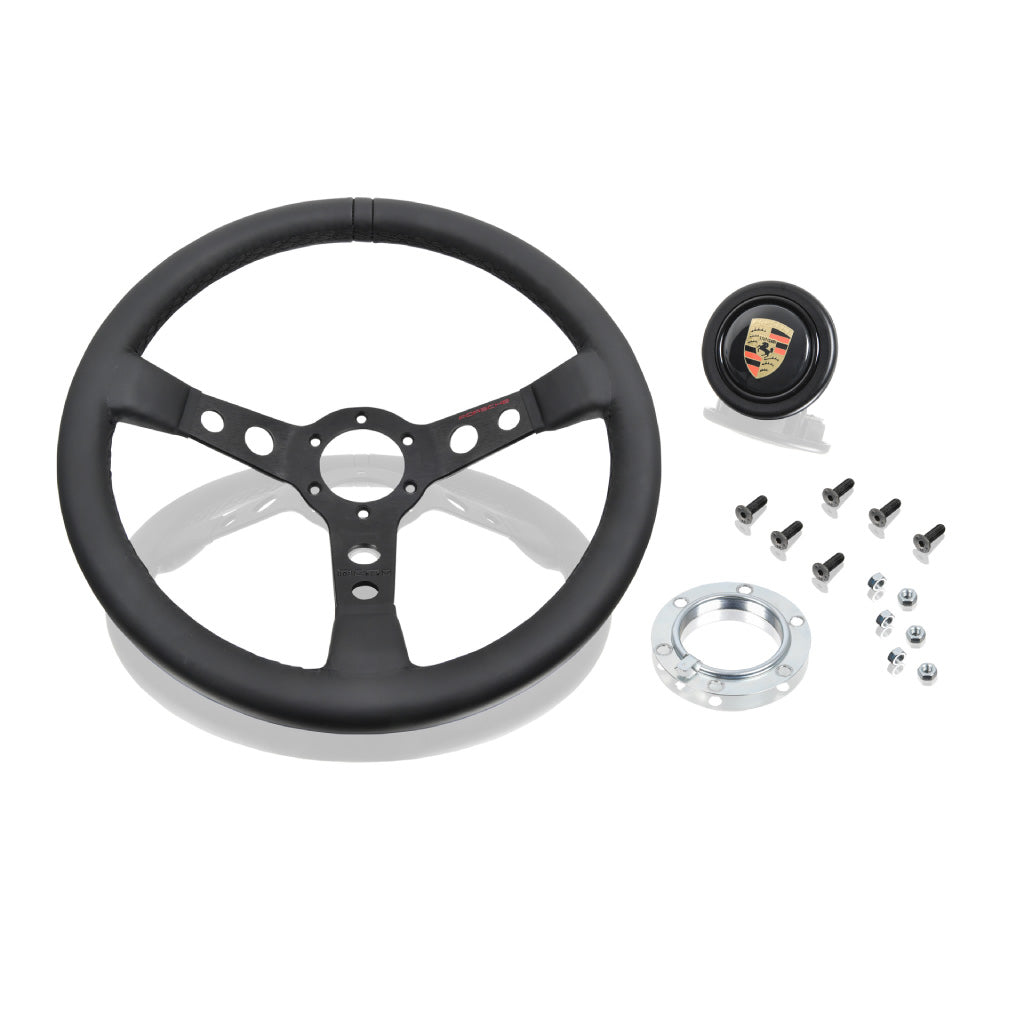 MOMO Porsche Steering Wheel - Black Leather Black Stitching Black Spokes 350mm