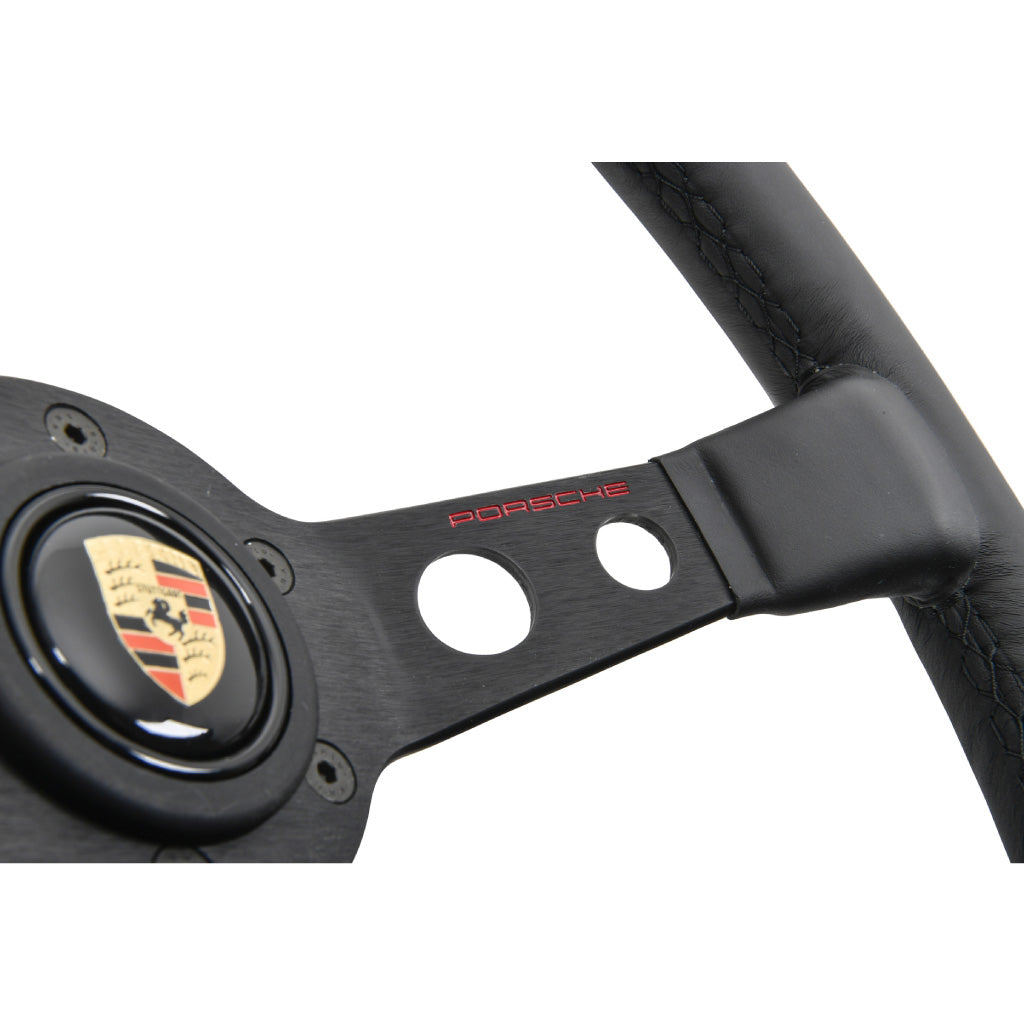 MOMO Porsche Steering Wheel - Black Leather Black Stitching Black Spokes 350mm