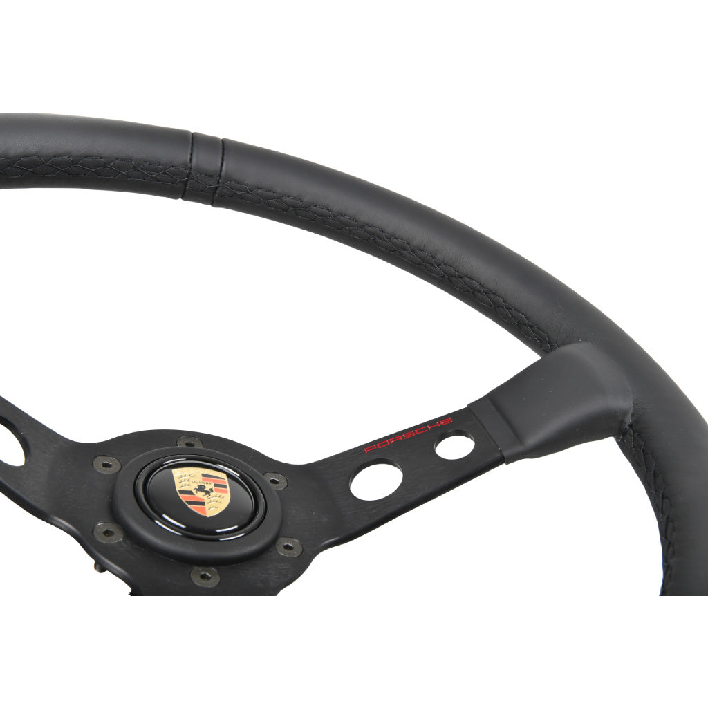 MOMO Porsche Steering Wheel - Black Leather Black Stitching Black Spokes 350mm