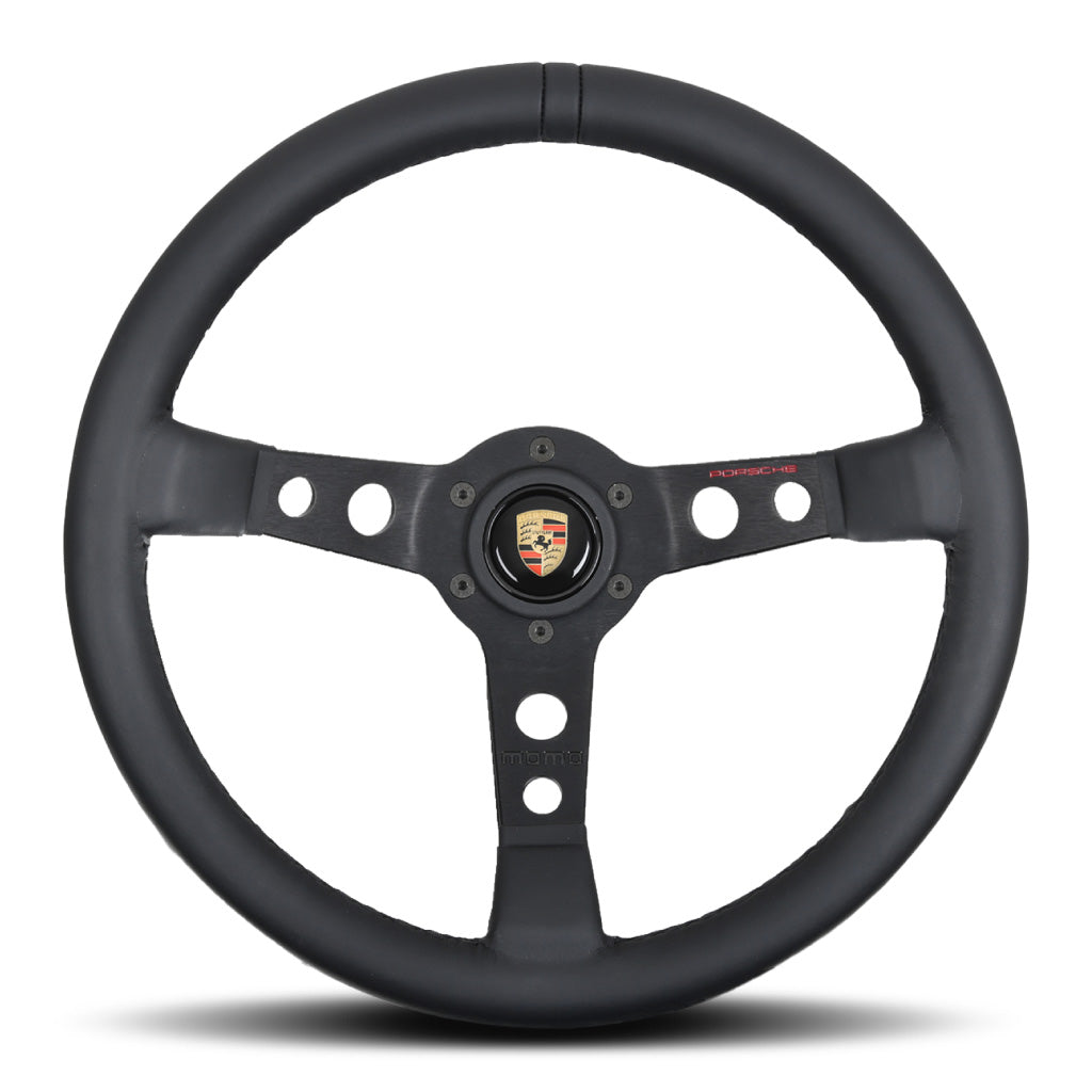 MOMO Porsche Steering Wheel - Black Leather Black Stitching Black Spok