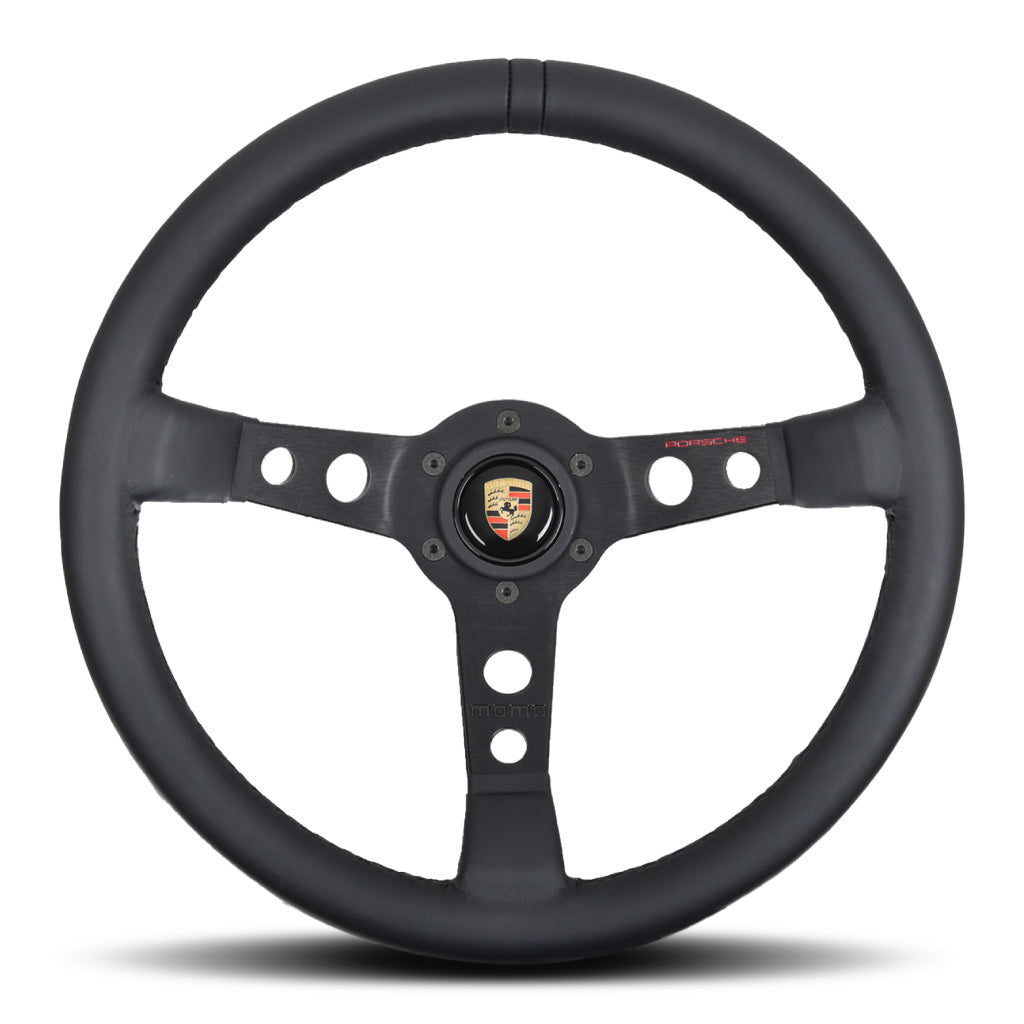 MOMO Porsche Steering Wheel - Black Leather Black Stitching Black Spokes 350mm