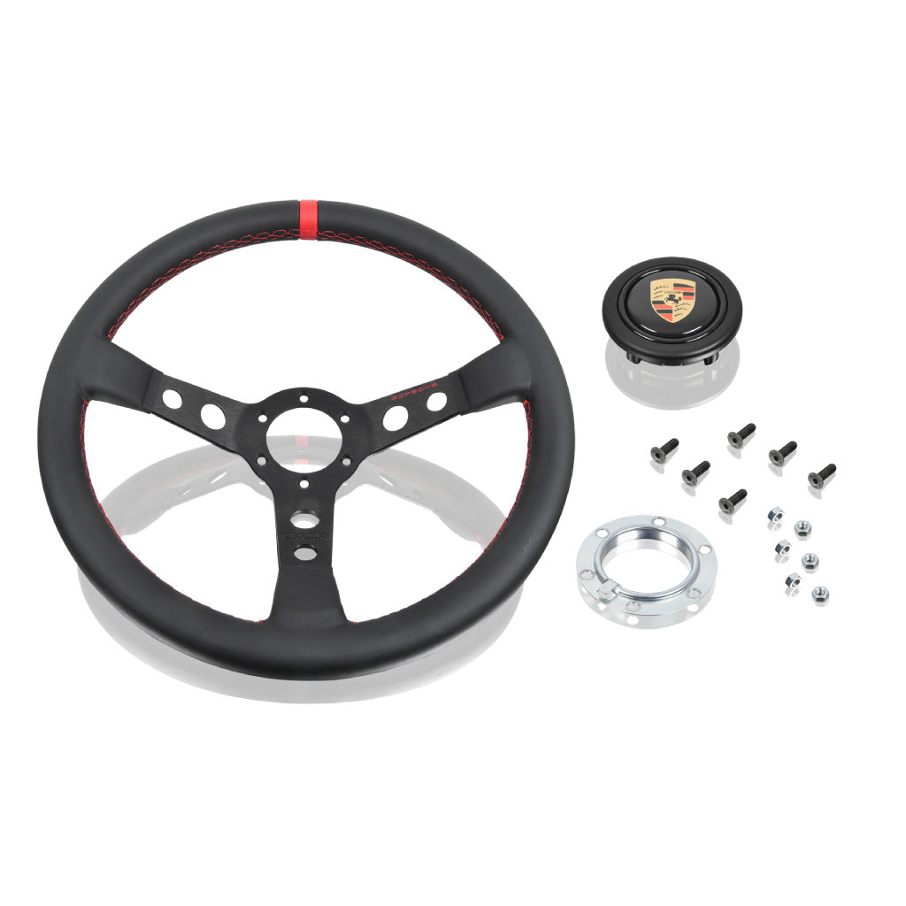 MOMO Porsche Steering Wheel - Black Leather Red Stitching Black Spokes 350mm