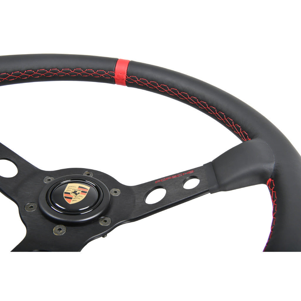 MOMO Porsche Steering Wheel - Black Leather Red Stitching Black Spokes 350mm