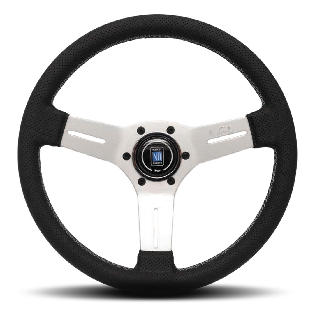 Nardi Competition Steering Wheel - Black Airleather Grey Stitching Silver Spokes 330mm