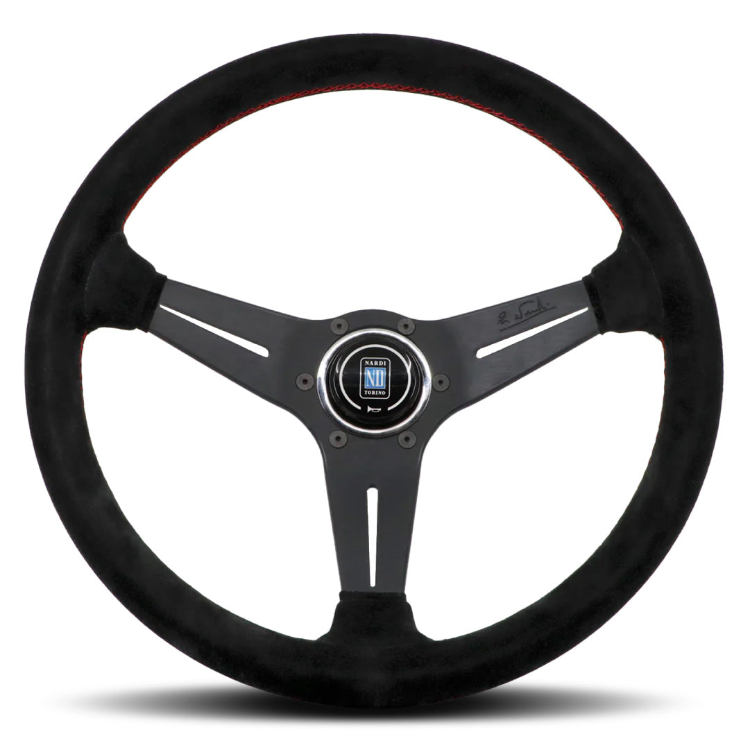 Nardi Deep Corn Steering Wheel - Black Suede Red Stitching Black Spokes 350mm