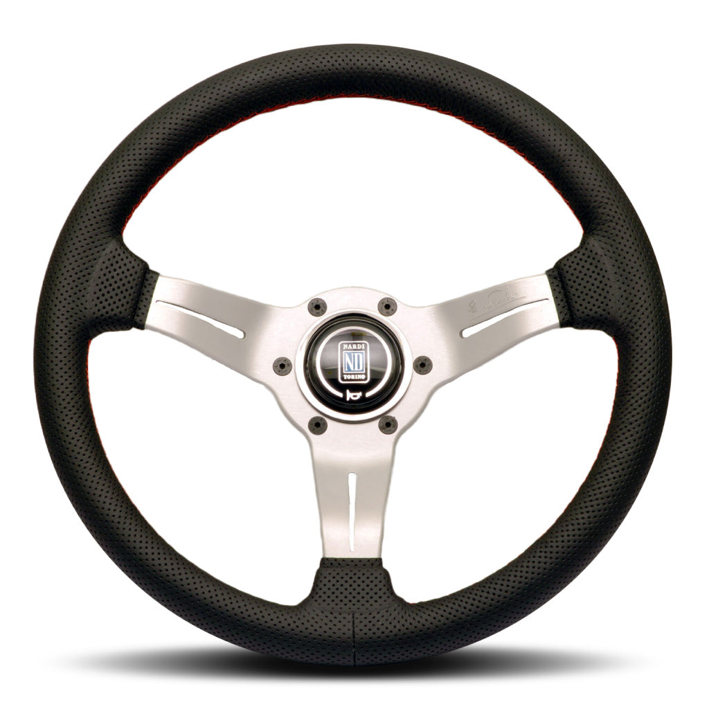 Nardi Deep Corn Steering Wheel - Black Suede Red Stitching Silver Spokes 330mm