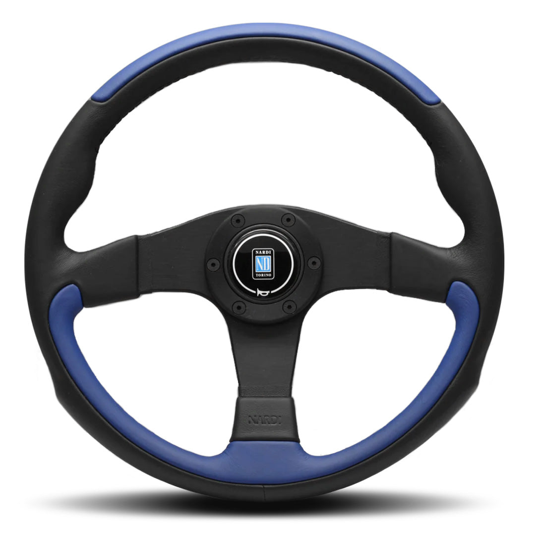 Nardi Leader Steering Wheel - Black/Blue Leather Black Spokes 350mm