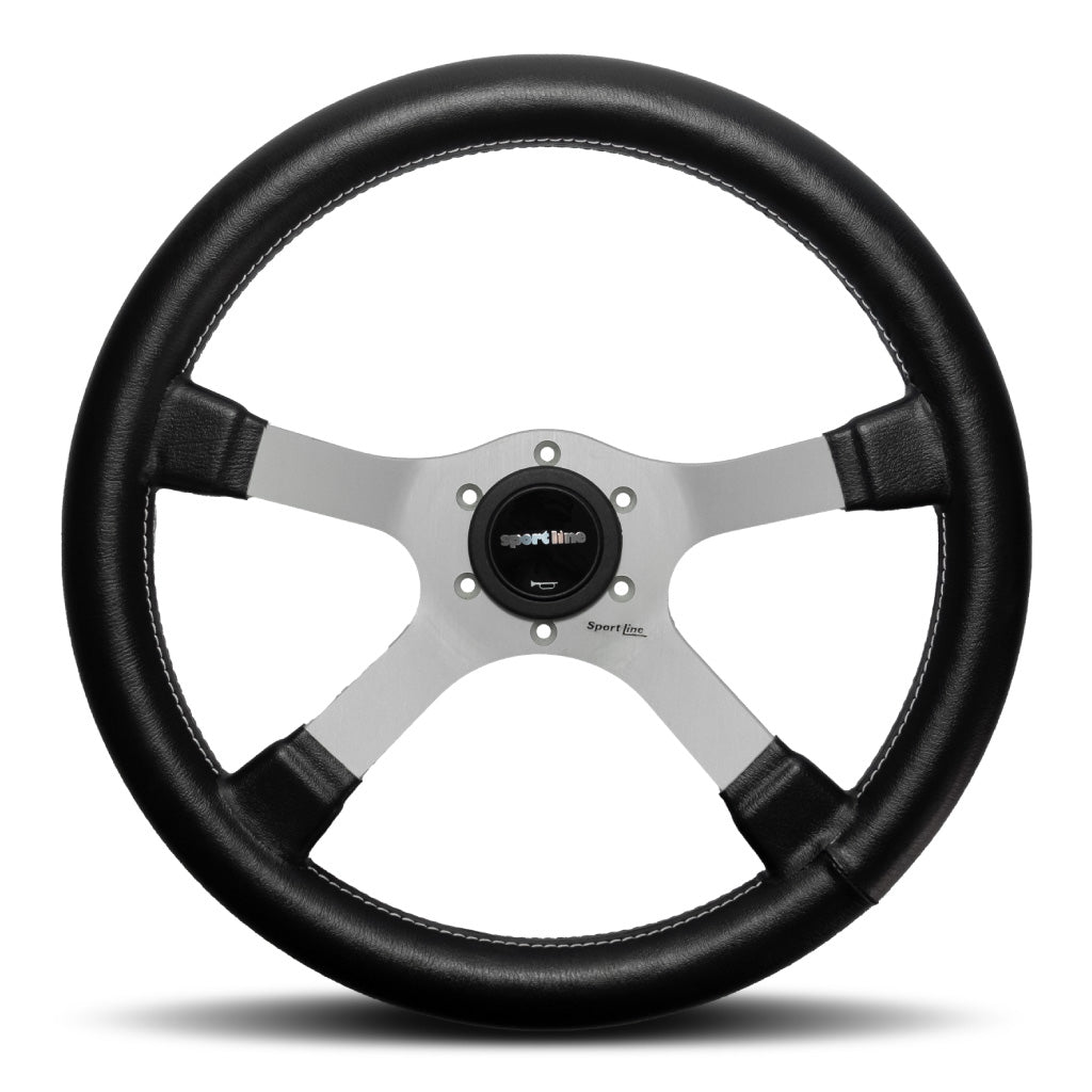 Sport Line 4 Four Spoke Steering Wheel - Black Vinyl Silver Spokes 370mm