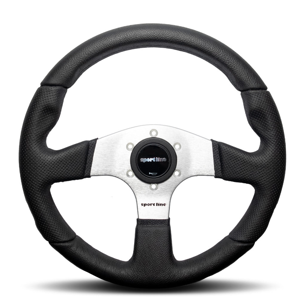 Sport Line Imola Steering Wheel - Black Polyurethane Silver Spokes 330mm