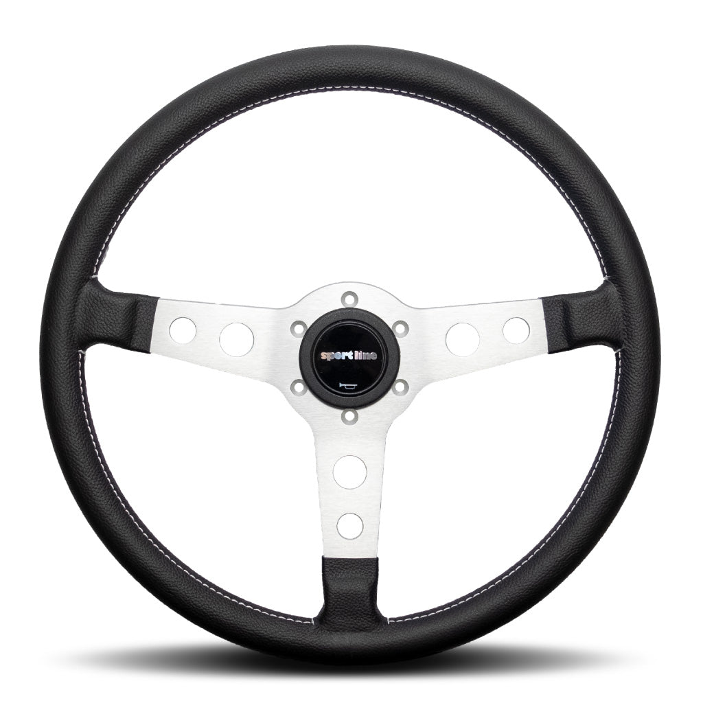 Sport Line Racing Steering Wheel - Black Leather Silver Spokes 360mm