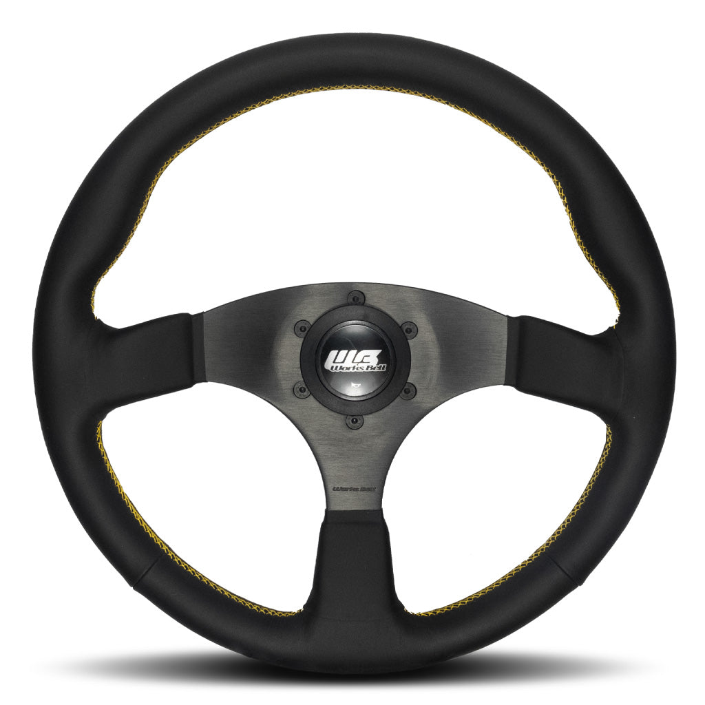 Works Bell Type III Steering Wheel - Black Leather Yellow Stitching Black Spokes 350mm