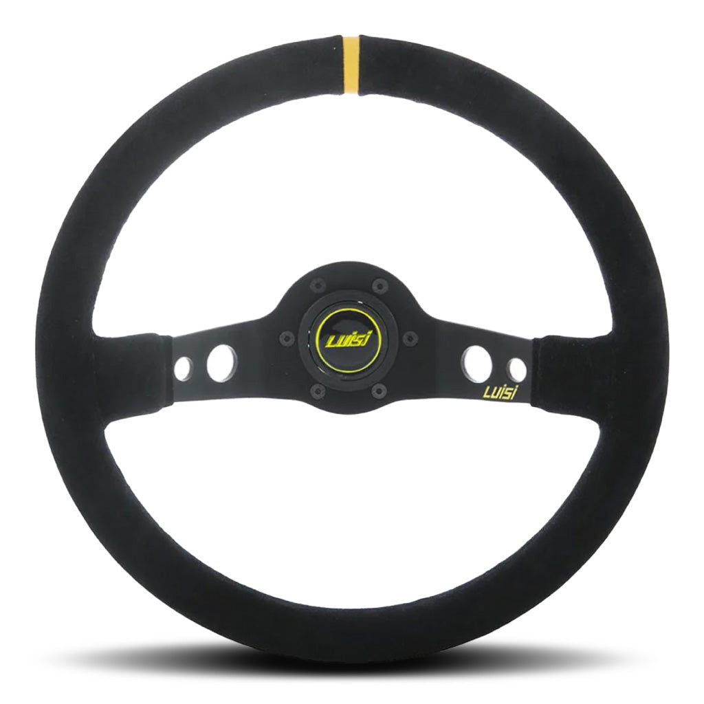 Luisi Jet Sport Two Spoke Steering Wheel - Black Shammy Leather Yellow Stripe Black Spokes 350mm