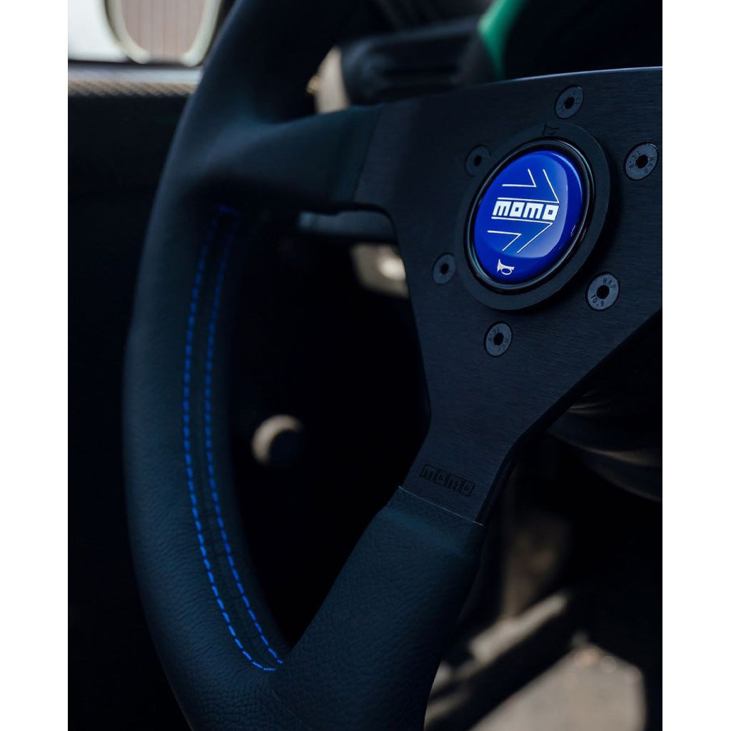 MOMO Montecarlo Steering Wheel - Black Leather Blue Stitching Black Spokes 350mm