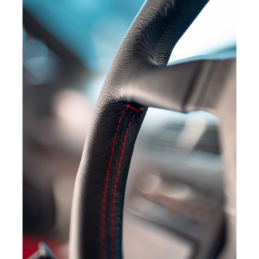 MOMO Montecarlo Steering Wheel - Black Leather Red Stitching Black Spokes 350mm
