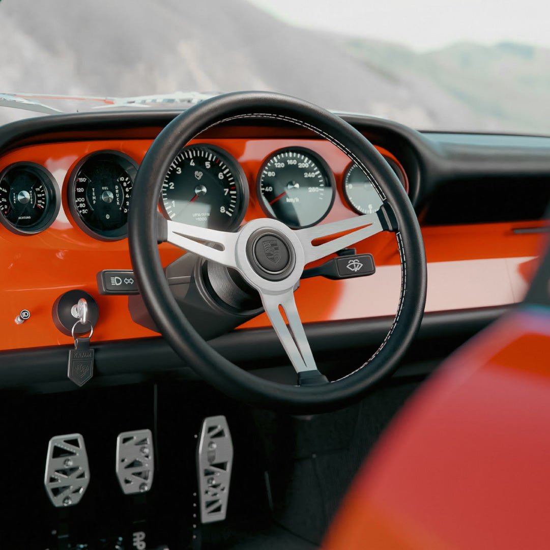 MOMO Retro Heritage Steering Wheel With Original Leather Porsche Horn Button - Black Leather Brushed Aluminium Spokes 360mm