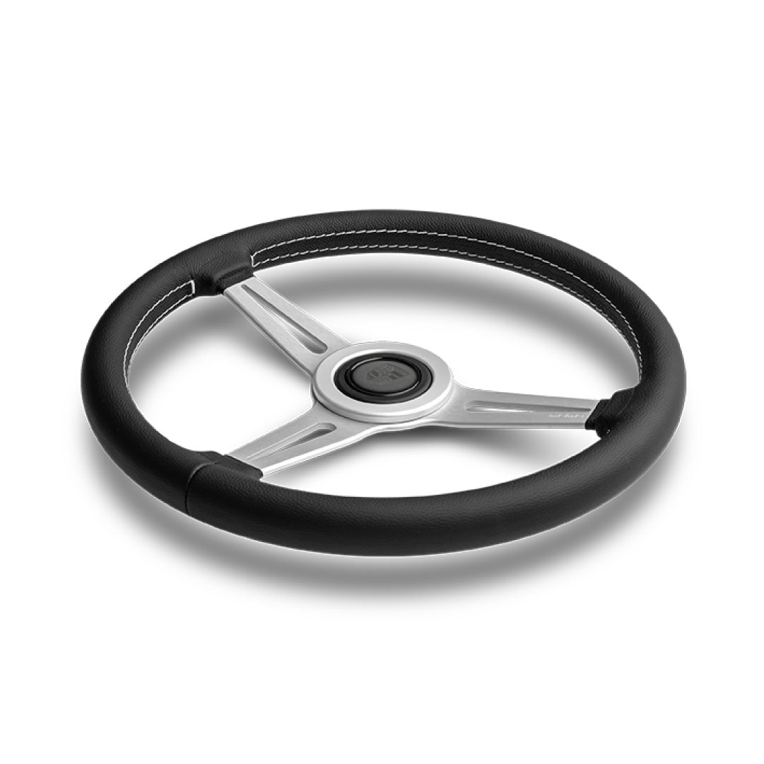 MOMO Retro Heritage Steering Wheel With Original Leather Porsche Horn Button - Black Leather Brushed Aluminium Spokes 360mm