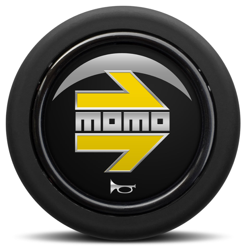 MOMO Horn Button Glossy Black Yellow and Chromed Logo